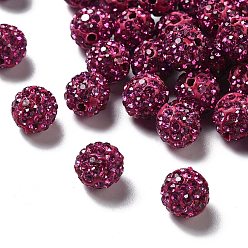 Fuchsia Pave Disco Ball Beads, Polymer Clay Rhinestone Beads, Round, Fuchsia, PP13(1.9~2mm), 6 Rows Rhinestone, 10mm, Hole: 1.5mm