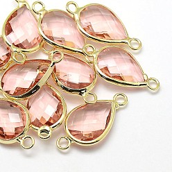 Персиковый Слойка Золотистые латунные стеклянные каплевидные соединители, розовые, 21x11x5 мм, отверстие : 2 мм