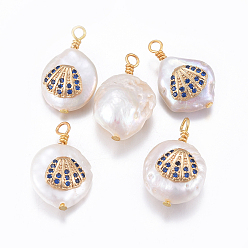 Dark Blue Natural Cultured Freshwater Pearl Pendants, with Brass Micro Pave Cubic Zirconia Findings, Nuggets with Shell, Golden, Dark Blue, 17~26x11~16x5~11mm, Hole: 1.6~2mm
