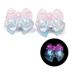 Pink Leuchtende, undurchsichtige Harz-, Strass- und Polymerclay-Perlen, Schleife, mit Glitzerpulver, Leuchten im Dunkeln, rosa, 32~34x39~41x22~24 mm, Bohrung: 2~3 mm