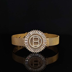 Letter B Латунные браслеты с микропаве из прозрачных кубических цирконий для женщин, плоские круглые с буквы, реальный 18 k позолоченный, В письме, 8-1/4 дюйм (21 см)