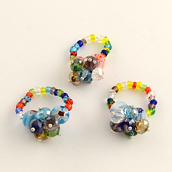 Mixed Color Lampwork Stretch Rings with Seed Beads, Mixed Color, 18mm
