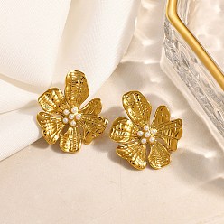 Golden 304 Stainless Steel Stud Earrings, with Plastic Pearl, Flower, Golden, 27.5x24mm