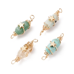 Mixed Stone Natural & Synthetic Gemstone Double Terminal Pointed Connector Charms, with Light Gold Tone Copper Wire Wrapped & Alloy Star Beads, Faceted Bullet, 32~35x10~11x12~13mm, Hole: 3~3.7mm