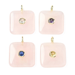Розовый Кварц Природного розового кварца подвески, квадратные подвески с латунной микрофиброй и фианитами, золотые, цвет циркона случаен, 31x24~25x6~7 мм, отверстие : 3x2 мм