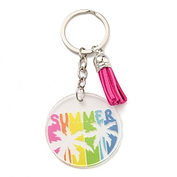 Colorful Acrylic Flat Round with Suede Tassel Pendant Keychain, with Iron Key Ring, Colorful, 100mm
