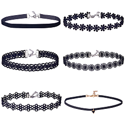 Черный 6шт. 6 стили готических кружевных чокеров с цветочным узором для женщин, с цепочками и застежками из сплава на концах, платиной и золотом, разнообразные, чёрные, 12.05~14.13 дюйм (30.6~35.9 см), 1 шт / стиль