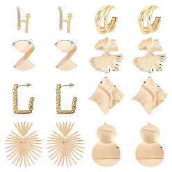 Золотой 8 пары 8 стильные серьги-гвоздики из сплава в форме листьев гинкго, веера, спирали и трапеции для женщин, золотые, 23.5~70 мм, штифты : 0.7~1 мм, 1 пара / стиль