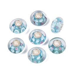 Dark Turquoise Handmade Lampwork & Brass Core European Beads, Large Hole Beads, Rondelle with Polka Dot, Silver, Dark Turquoise, 13~15x7.5~8.5mm, Hole: 4~4.5mm