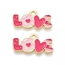 Ярко-Розовый Подвески из сплава с эмалью ко дню святого валентина, словесные любовные чары, золотые, ярко-розовый, 13x23x1 мм, отверстие : 2 мм