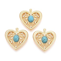 Настоящее золото 18K Синтетические бирюзовые подвески, подвески в форме сердца с латунными микропаве из прозрачных кубических цирконий, реальный 18 k позолоченный, 25.5x25x7.5~8 мм, отверстие : 2.5x1.8 мм