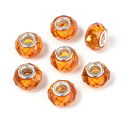 Темно-Оранжевый Прозрачные европейские бусины-рондель из смолы, с золотой фольгой и латунными двойными сердечниками серебристого тона, бусины с большим отверстием, темно-оранжевый, 13.5~14x8.5~9 мм, отверстие : 4.8~5 мм