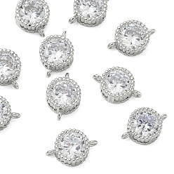 Real Platinum Plated SHEGRACE Brass Pave Clear Cubic Zirconia Flat Round Connector Charms, Cadmium Free & Nickel Free & Lead Free, Long-Lasting Plated, Real Platinum Plated, 9x6x3mm, Hole: 0.8mm