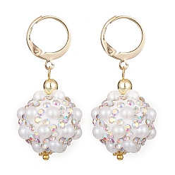 White Polymer Clay Rhinestone Disco Ball Dangle Leverback Earrings, 304 Stainless Steel Earrings, White, 38x18mm