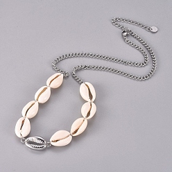 Stainless Steel Color 304 Stainless Steel Beaded Necklaces, with Cowrie Shell Beads and Lobster Claw Clasps, Stainless Steel Color, 18.5 inch(47cm)