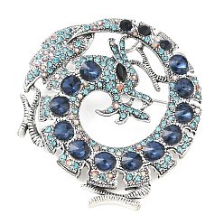 Montana Alloy Rhinestone Lapel Pin Brooches, Dragon, Antique Silver, Montana, 64x55mm