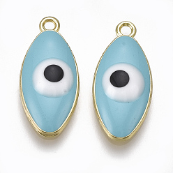 Himmelblau Aluminium Anhänger & Charms, mit Emaille, bösen Blick, Licht Gold, Himmelblau, 23x10.5x4 mm, Bohrung: 1.5 mm