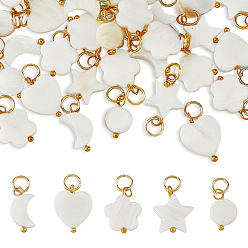 Морская Ракушка 40шт 5 стили подвески из натуральных пресноводных раковин, с прыгающим кольцом золотистого цвета, луна и звезда и сердце, разнообразные, цвет морской раковины, 10~14x8~13.5x2~3 мм, отверстие : 4 мм, 8 шт / стиль