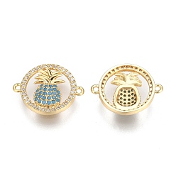 Золотой Соединители из латуни с микропаве и кубическим цирконием, кольцо и ананас, бирюзовые, золотые, 15x19x3 мм, отверстие : 1.2 мм