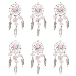 Розовый Кварц Подвески-ловцы снов из натурального розового кварца, с фурнитурой из сплава и 304 петлей из нержавеющей стали, 81x28x8 мм, отверстие : 2 мм