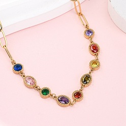 Золотой 304 Женские ожерелья из нержавеющей стали с плоскими круглыми овальными звеньями и цветными кубическими цирконами, золотые, 16.61 дюйм (42.2 см)