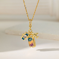 Золотой Самолет, камера, багажник 304 подвески из нержавеющей стали с микропаве из прозрачных кубических цирконий, золотые, 15.75 дюйм (40 см)