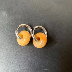 Топаз Нефрит 304 Серьги-кольца из нержавеющей стали и натурального нефрита топаз с бусинами-ронделями, цвет нержавеющей стали, 20x8 мм