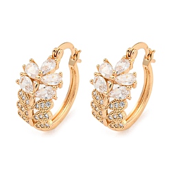 Light Gold Brass Micro Pave Clear Cubic Zirconia Hoop Earrings, Leaf, Light Gold, 22x11mm