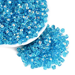 Deep Sky Blue FGB Transparent Colours Glass Seed Beads, Rainbow Plated, Round Hole, Barrel, Deep Sky Blue, 4x3.5mm, Hole: 0.9~1mm, about 3750pcs/pound