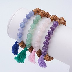 Mixed Color Wood and Natural Gemstone Beads Stretch Bracelets, with Nylon Tassels, Mixed Color, 55mm(2-1/8 inch), Beads: 8~8.5mm, Tassel: 3x30mm