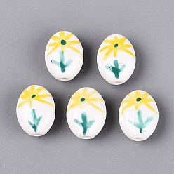 Yellow Handmade Porcelain Beads, Hand Painted, Famille Rose Porcelain, Oval & Flower, Yellow, 15.5~16x12~12.5x8~8.5mm, Hole: 2~2.5mm