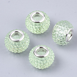 Light Green Resin Rhinestone European Beads, Large Hole Beads, with Platinum Tone Brass Double Cores, Rondelle, Berry Beads, Light Green, 14x10mm, Hole: 5mm