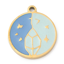 Светло-Голубой 304 подвески из нержавеющей стали, с эмалью, плоский круглый шарм, золотые, Небесно-голубой, 17x15x1.7 мм, отверстие : 1.4 мм