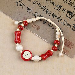 Разноцветный Браслеты из фарфоровых бусин ручной работы, браслеты из вощеного шнура, плетеные из бусин, яблоко, красочный, 5-7/8~9-7/8 дюйм (15~25 см)