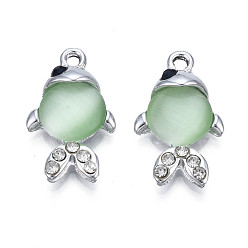 Light Green UV Plating Alloy Pendants, with Cat Eye and Crystal Rhinestone, Platinum, Cadmium Free & Lead Free, Fish, Light Green, 23x13.5x5mm, Hole: 2mm