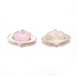 Pink Alloy Enamel Pendants, Heart, Light Gold, Pink, 13x21.5x1.5mm, Hole: 1mm