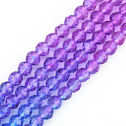 Violet Transparent Glass Beads Strands, Segmented Multi-color Beads, Faceted Round, Violet, 3mm, Hole: 0.7mm, about 136~139pcs/strand, 14.53 inch~14.84 inch(36.9~37.7cm)