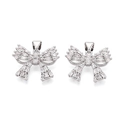 Платинированный Латунные микро проложить кубического циркония подвески, бантом прелести, Реальная платина, 16x20.5~21x4 мм, отверстие : 5x3~3.5 мм