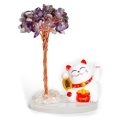 Amethyst Natural Amethyst Chips Tree Decorations, Plastic Lucky Cat with Copper Wire Feng Shui Energy Stone Gift for Women Men Meditation, 80mm