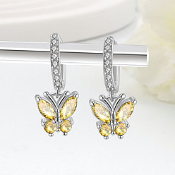 Желтый Латунные серьги обруча, бабочка, с кубического циркония, платина, желтые, 20 мм