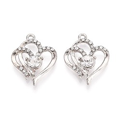 Платина Подвески из сплава и страз, сердце, платина, 23.5x18x4.5 мм, отверстие : 1.6 мм