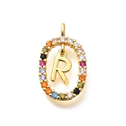 Letter R Латунные микро проложить кубического циркония подвески, без кадмия, без никеля и без свинца, реальный 18 k позолоченный, овал с подвесками в виде букв, Буква R, 18.5x11x3.5 мм, отверстие : 2x1.5 мм