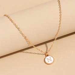 Letter N Сплав белого эмалевого диска с инициалами подвески ожерелья для женщин, золотые, Письмо N, 17.72 дюйм (45 см)