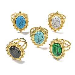 Настоящее золото 18K Ионное покрытие (ip) 304 открытые манжеты из нержавеющей стали, Овальные кольца на палец из синтетического малахита и бирюзы для женщин и мужчин, реальный 18 k позолоченный, регулируемый
