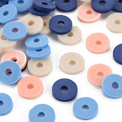 Bisque 4 Colors Handmade Polymer Clay Beads, Heishi Beads, Disc/Flat Round, Bisque & Prussian Blue & Light Salmon & Light Sky Blue, 8x0.5~1.5mm, Hole: 2mm, about 11500pcs/1000g