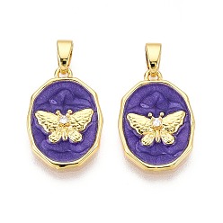 Темная Орхидея Латунные микро проложить кубического циркония подвески, без кадмия и без свинца, с эмалью, овальные с бабочкой, реальный 18 k позолоченный, темные орхидеи, 17.5x12.5x2.5 мм, отверстие : 4.5x2.5 мм