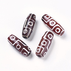 Red Tibetan Style 9-Eye dZi Beads , Natural Agate Beads, Dyed & Heated, Rice, Red, 29~30x9~11mm, Hole: 2.5~3mm