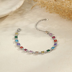 Rectangle 304 Теннисные браслеты из нержавеющей стали с разноцветными кубическими циркониями для женщин, цвет нержавеющей стали, прямоугольные, 6.69 дюйм (17 см)