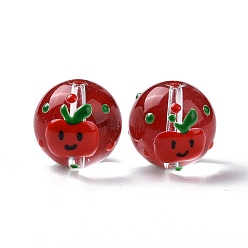 Apple Transparent Glass Beads, with Enamel, Round, Red, Apple Pattern, 14~15x13~13.5mm, Hole: 1.5~1.6mm
