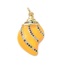 Yellow Brass Micro Pave Colorful Cubic Zirconia Pendants, with Enamel, Conch Shell Shape Charms, Real 14K Gold Plated, Yellow, 25.5~26x15~15.5x4.5mm, Hole: 3.5mm